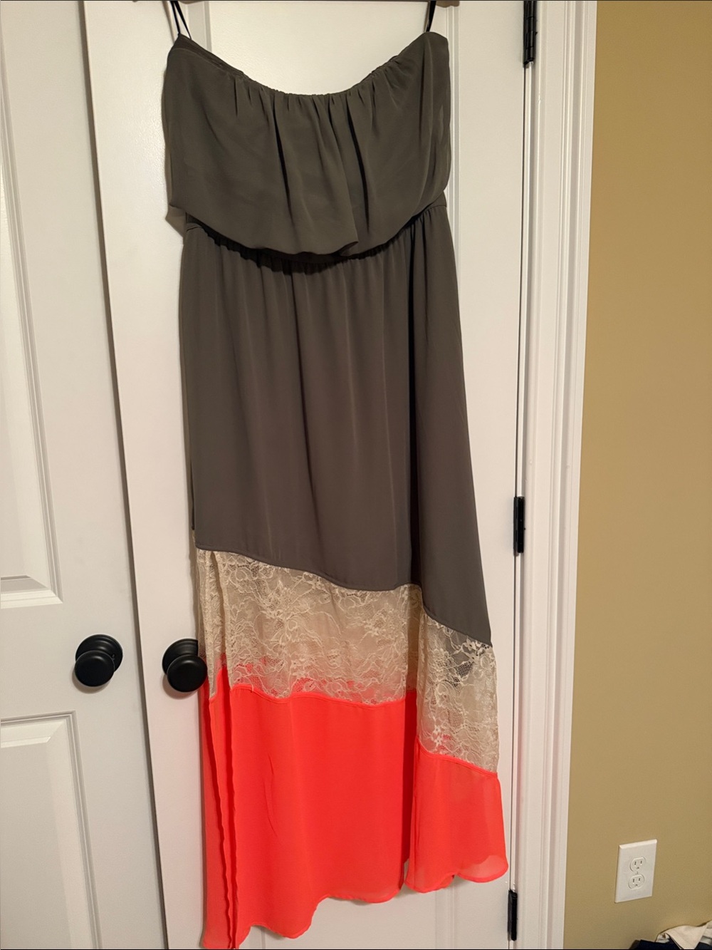 bebe Olive and Coral High-Low Strapless Maxi Dress